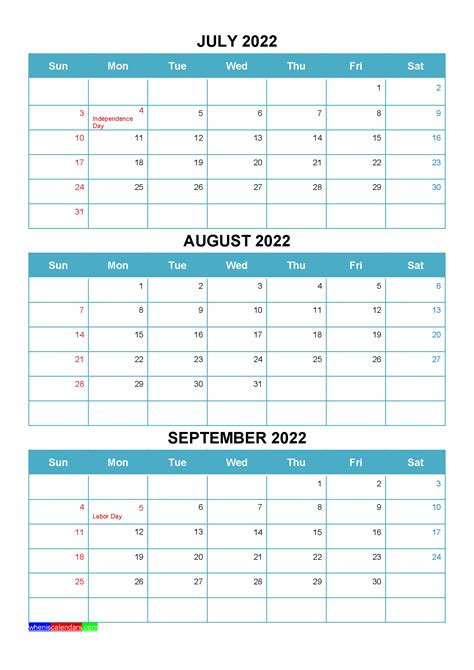 3 Month Calendar 2022 Printable